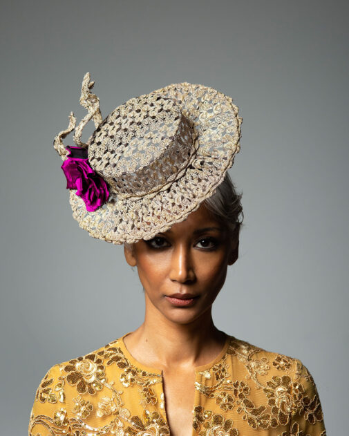 David-Dunkley-Fine-Millinery-King's-Plate-2023-Boater-Fascinator-Floating-silk-flower--Top-Hat-Millinery-hat-shop-Toronto--224A8933-copy-GOLD-sm