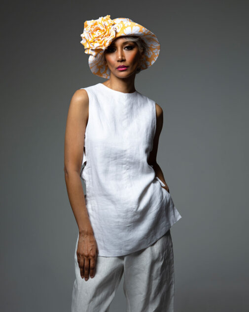 David Dunkley Fine Millinery King's Plate and Whitney Linen Bucket Hat Rose with Whitney garments of linen 224A0200_1 copy sm